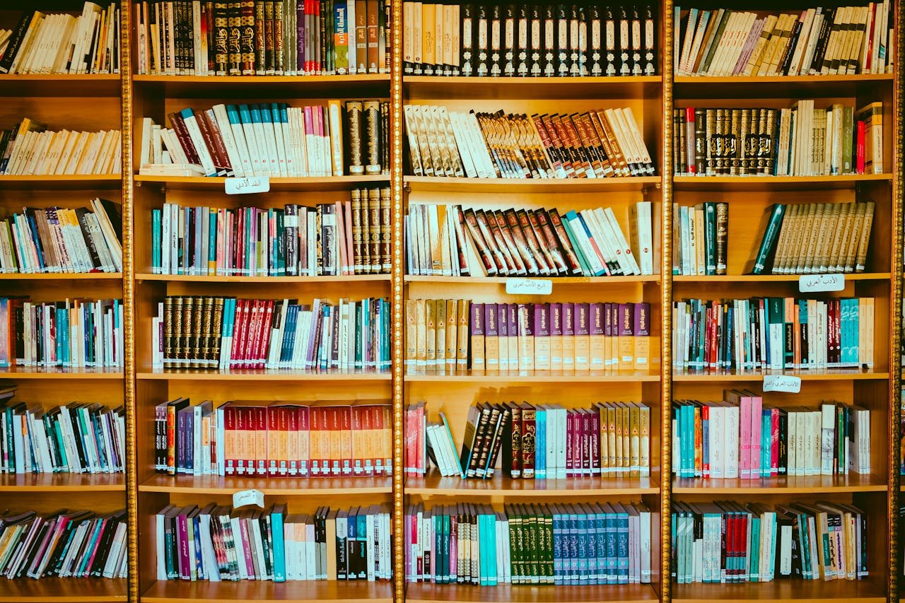 A vibrant collection of books arranged on wooden shelves in a library setting.